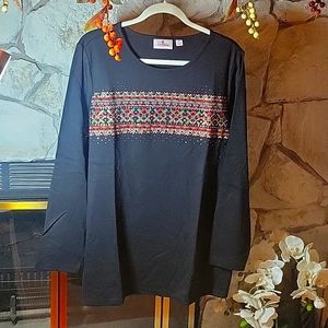 Quacker Factory Black Christmas Holiday Long Sleeve Embroidered Top-Plus Size 2X